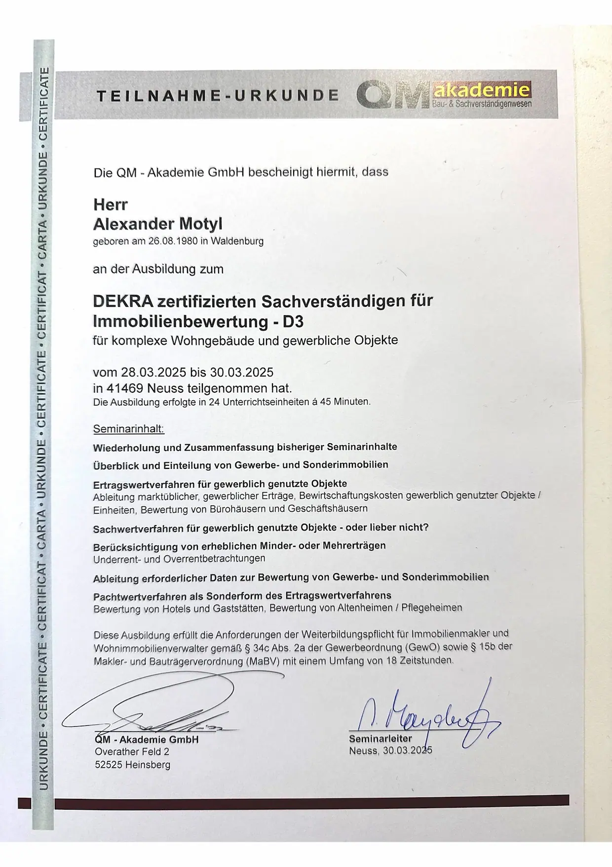 D3 Zertifikat fuer Komplexe Wohngebaeude und gewerbliche Objekte